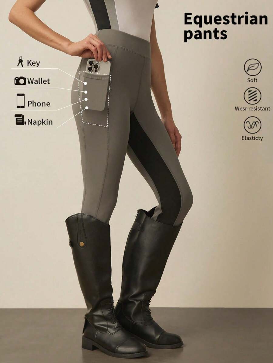 With My Calm Women's High Waist Tight Equestrian Pants With Contrast Color Pockets Riding Pants Horse Riding Pants Riding Breeches Women's Leggings With Pockets Women's Leggings With Pockets - Black - View 1