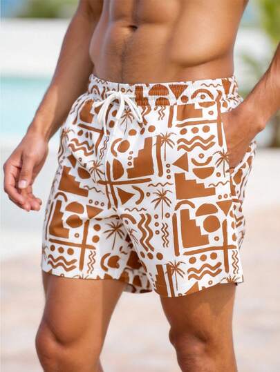 Manfinity RSRT Shorts de playa para hombres, shorts de playa con estampado de textura geométrica de árbol de coco para vacaciones, con forro de malla