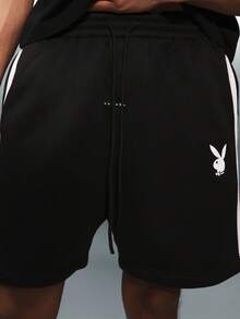PLAYBOY X SUMWON Side Stripe Jersey Drawstring Shorts With Bunny Logo Summer Casual Elastic Waist Regular Fit Above Knee Length Loungewear - Black - View 7