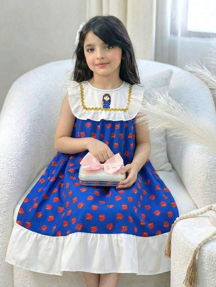 SHEIN Young Girl' Colorblock Print Sleeveless Dress,Kids - Blue - View 1