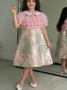 SHEIN 少女優雅網紗領口綴珠對比色彼得潘領紋理A字洋裝套裝 - 粉色 - 查看 1