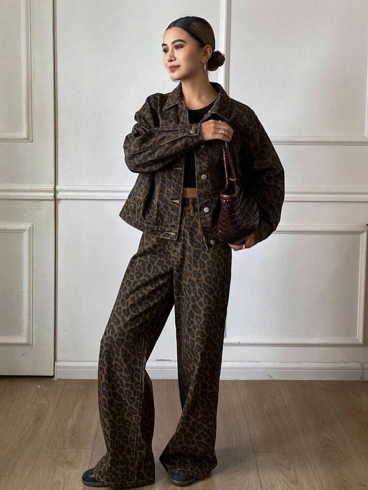 Leopard Print Loose Casual Fashion Street Style Women's Denim 2-Piece Set, Suitable For Autumn, Spring, Summer
