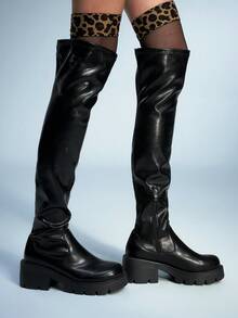 Sugerpunk 女士时尚百搭通勤厚底过膝靴 - 黑色 - 查看 7