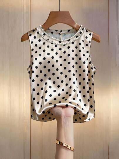 Franclia Nueva Blusa de Satén con Lunares para Mujer, Primavera/Verano, Elegante Cuello Redondo Color Champán