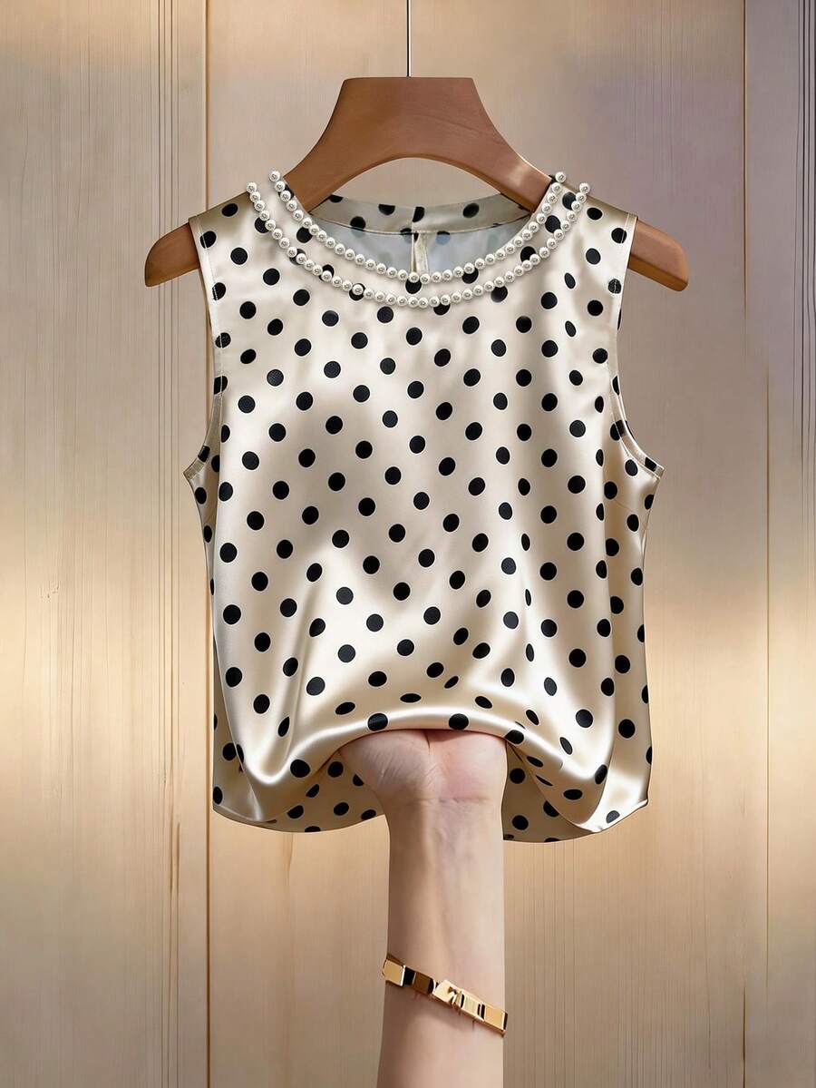 Franclia 新款女士春夏缎面波点吊带背心，香槟色优雅圆领上衣 - 杏色 - 查看 1