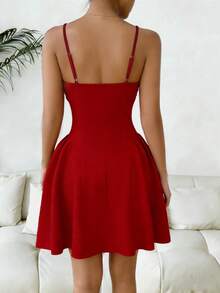 Elenzga 新款针织纹理吊带优雅百搭性感迷你连衣裙，适合情人节派对 - 紅色 - 查看 2