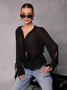Hauture Women's Sheer Long Sleeve Blouse With Tie Detail And Lace Hem - Black - View 4