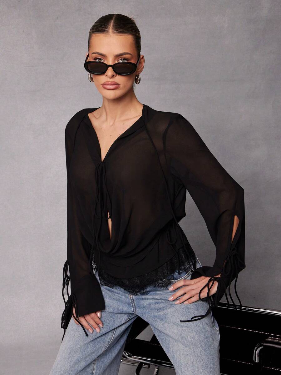 Hauture Women's Sheer Long Sleeve Blouse With Tie Detail And Lace Hem - Black - View 1