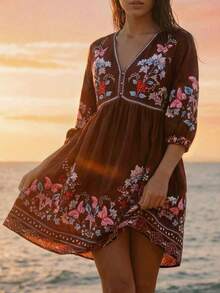 CAJUNI Women's V-Neck Floral Print Ruched Casual Vacation Date Outing Mini Dress - Brown - View 4