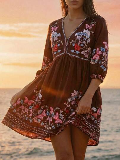 CAJUNI Women's V-Neck Floral Print Ruched Casual Vacation Date Outing Mini Dress