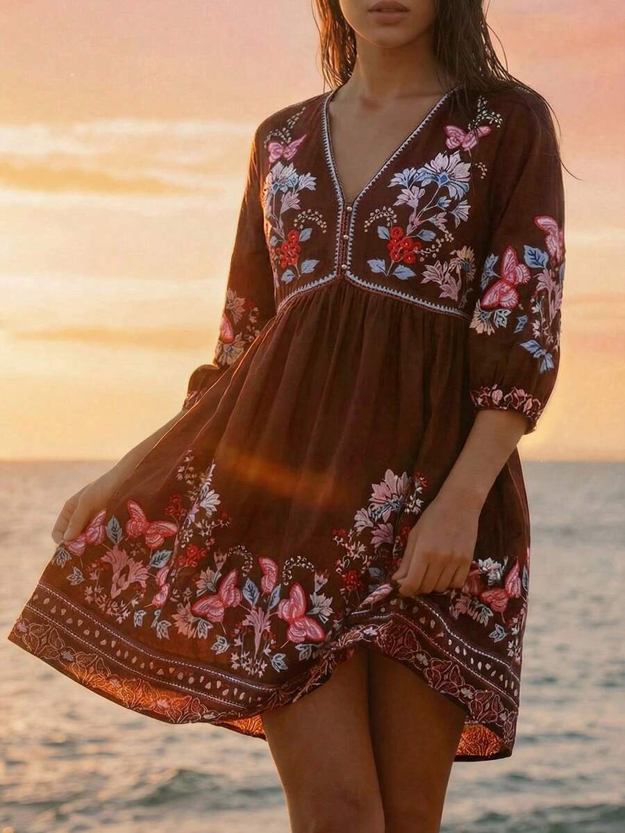 CAJUNI Women's V-Neck Floral Print Ruched Casual Vacation Date Outing Mini Dress - Brown - View 1