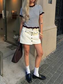 Livesso Colorful Blue Striped Contrast Patchwork Frill Trim Casual Office Wear Pullover Knit Top For Women, Spring/Summer - Blue - View 5
