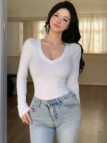 DAZY 女士修身基础款长袖T恤，时尚休闲街头风，适合秋季、春季和夏季穿着 - 白色 - 查看 8