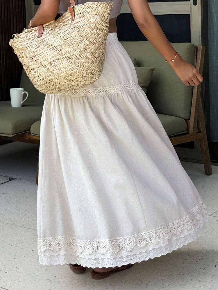 Women's Casual Vacation Style Solid Color Elastic Waist Contrast Lace Skirt, Spring/Summer
