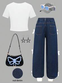 SHEIN ChillGRL 两件套女童休闲套装 - 蝴蝶结装饰T恤和牛仔裤 - 彩色 - 查看 2