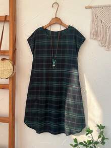 EMERY ROSE 大码女式格子圆领蝙蝠袖宽松休闲连衣裙 - 彩色 - 查看 3