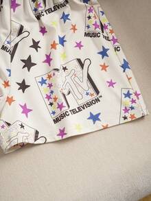 MTV | SHEIN 少女舒适字母图案短袖T恤短裤睡衣套装，夏季 - 杏色 - 查看 7