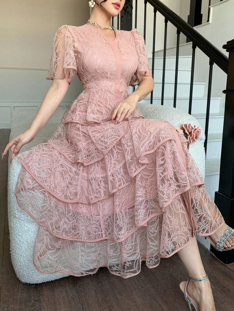 French Luxurious Beaded Waist Lantern Sleeve Single-Breasted Lace Ruffle Hem Dress For Women Sundress