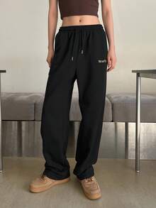 DAZY Letter Graphic Drawstring Waist Slant Pocket Sweatpants,Women Joggers - Black - View 5