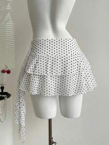 Sweetra Women's Spring/Summer French Design Pleated Layered Polka Dot Chiffon Flowy Skirt - White - View 3