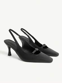CUCCOO CHICEST Women's Outdoor Round Toe Stiletto Buckle Decor PU Leather Shoes, Fashionable Minimalist Comfortable For Daily, Party, Banquet, Slip-On Backless Pumps Elegant Shoes Wedding Shoes - Black - View 8