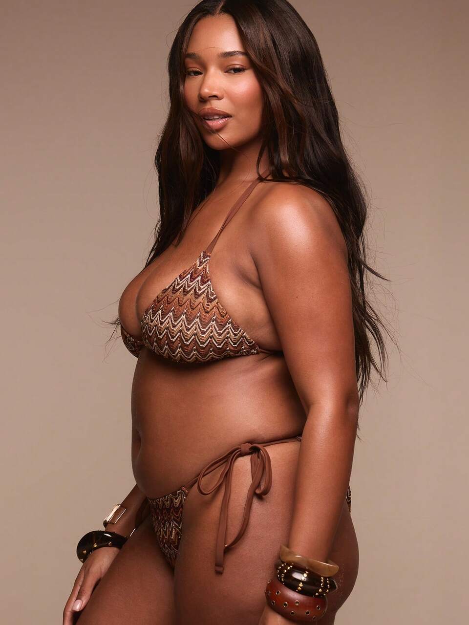 Curve Brown Stripe Patterned Triangle Bikini Top Only