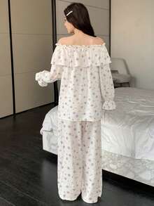 DAZY 浪漫花卉露肩荷叶边女士睡衣套装 - 白色 - 查看 2