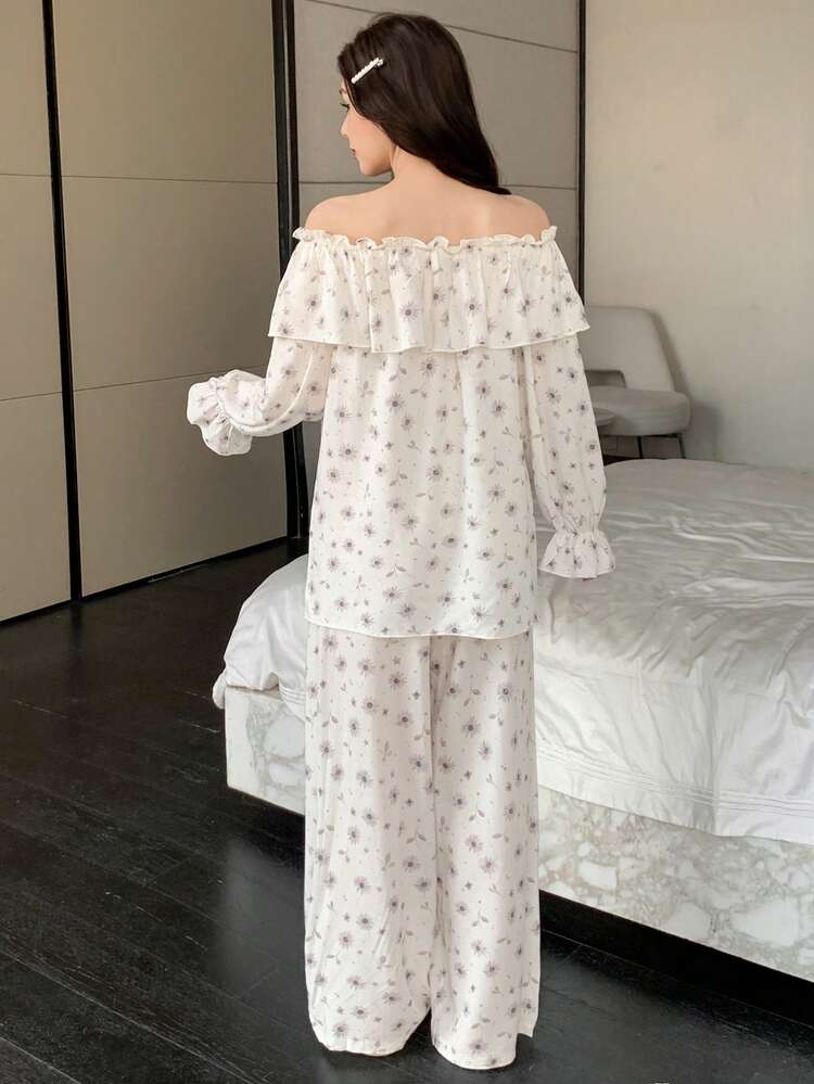Romantic Floral Off-Shoulder Ruffle Trim Women Pajama Set
