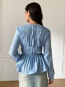 Solavon New Asymmetrical Hem A-Line Waist Flattering Crew Neck Long Sleeve Blouse, Versatile & Slimming - Baby Blue - View 7