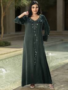 Layrah Copper Ammonium Rayon Natural Fabric Comfortable Skin-Friendly Handmade Rhinestone Embellished Arabic Style Dress - Green - View 6