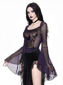ROMWE Goth Dark Vintage Palace Vine & Moon Pattern Flocked Sheer Mesh Top For Women - Purple - View 4