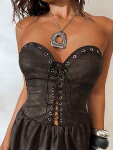 Aloruh 女士复古Y2K性感系带皮质迷你连衣裙，复古做旧纯色，适合音乐节穿着 - 黑色 - 查看 11