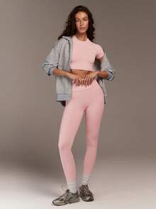 Menodora SHEIN Sport 女士纯色褶皱高腰紧身打底裤，时尚运动服，夏季度假，情人节，休闲，运动服，粉色健身，粉色瑜伽 - 粉色 - 查看 4