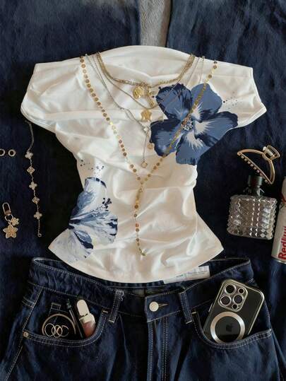 Glimmora Women's Floral Print Crew Neck Fitted Casual Short Sleeve Top