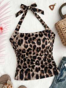 SHEIN 少女休闲时尚露背豹纹吊带背心 - 棕色 - 查看 1