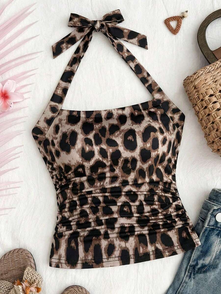 SHEIN 少女休闲时尚露背豹纹吊带背心 - 棕色 - 查看 1