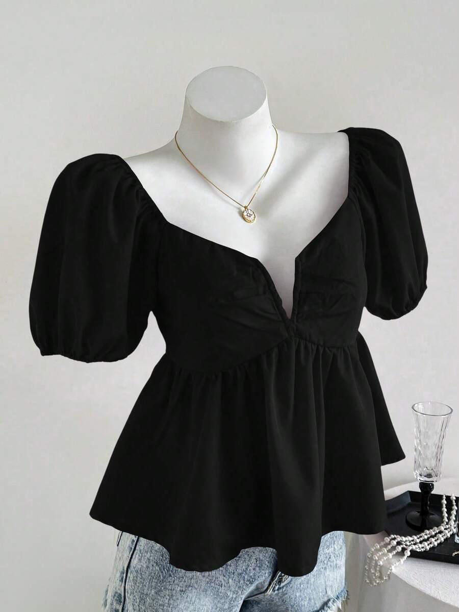 Elamini 褶裥深V领红色休闲优雅女式衬衫 - 黑色 - 查看 1