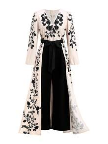 Ellevyn 女士印花拼接V领长袖优雅连体裤 - 彩色 - 查看 10