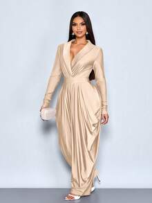 SOLERSUN 女士优雅宽松咖啡色披肩领深V领长袖褶裥口袋结构松紧腰带哈伦连体裤 - 卡其色 - 查看 6