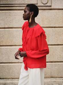 Lumivelle Women's Fashion Ruffle Front Shirt, Valentine's Day Series Red Blouses Ruffle Blouse Long Sleeve Blouse - Red - View 7