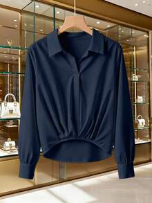 GlowEve CURVE Navy Blue Plus Size Casual Collared Shirt, Regular Long Sleeve Blouse With Asymmetrical Hem And Ruched Front Ruched Front Knot Detail And Ruched Hem - Navy Blue - View 3
