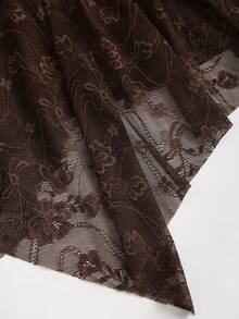 Sweetra 女士万圣节连衣裙、新年装、感恩节连衣裙，适合派对、通勤、日常、旅行、节日穿着，棕色连衣裙，腰部荷叶边，银色珠饰，抽绳系带，蕾丝不对称下摆A字迷你连衣裙 - 棕色 - 查看 7