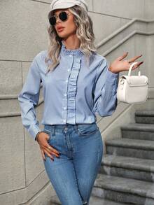 SHEIN LUNE 女士荷叶边条纹长袖单排扣休闲衬衫 - 淺藍色 - 查看 4