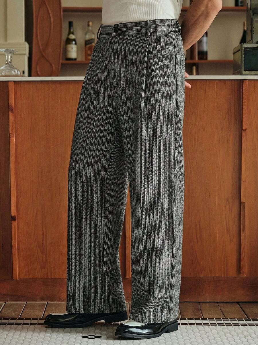 SWAVVY 男士条纹褶裥阔腿宽松休闲裤 - 黑色 - 查看 1