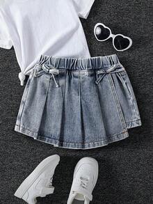 Young Girl Denim Shorts, New Casual Fashion Bow Design Washed Dark Blue Denim Pleated Skorts - Blue - View 4