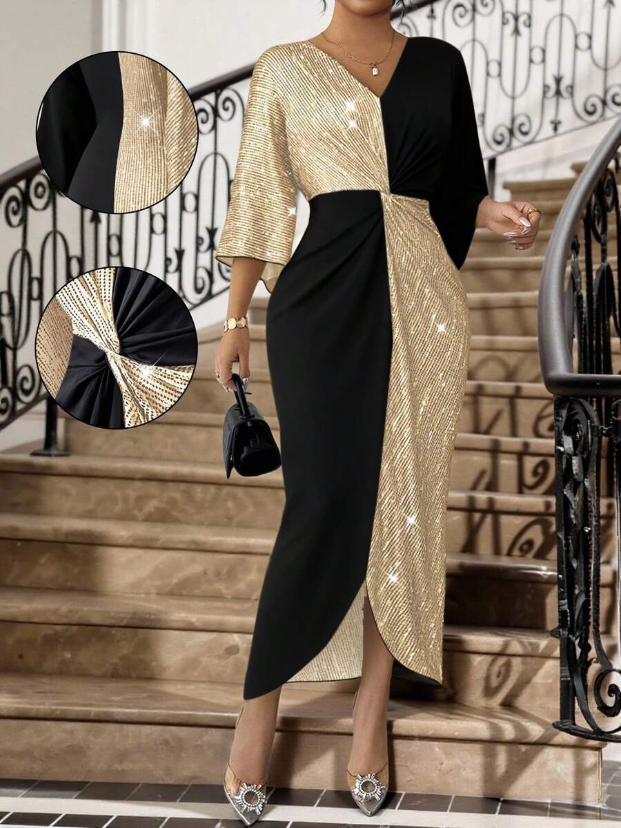 SHEIN Lady 大码女士优雅派对鸡尾酒会V领亮片拼接紧身连衣裙 - 金色 - 查看 1