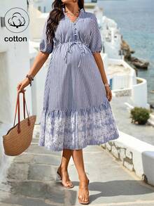 SHEIN Maternity Striped V-Neck Lantern Sleeve Ruffle Hem Fashionable Dress For Vacation, Summer Holiday Outfits , Summer Outfits - Blue - View 3