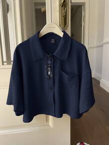 SHEIN EZwear Summer Drop Shoulder Pocket Patched Shirt Without Cami Top - Navy Blue - View 3