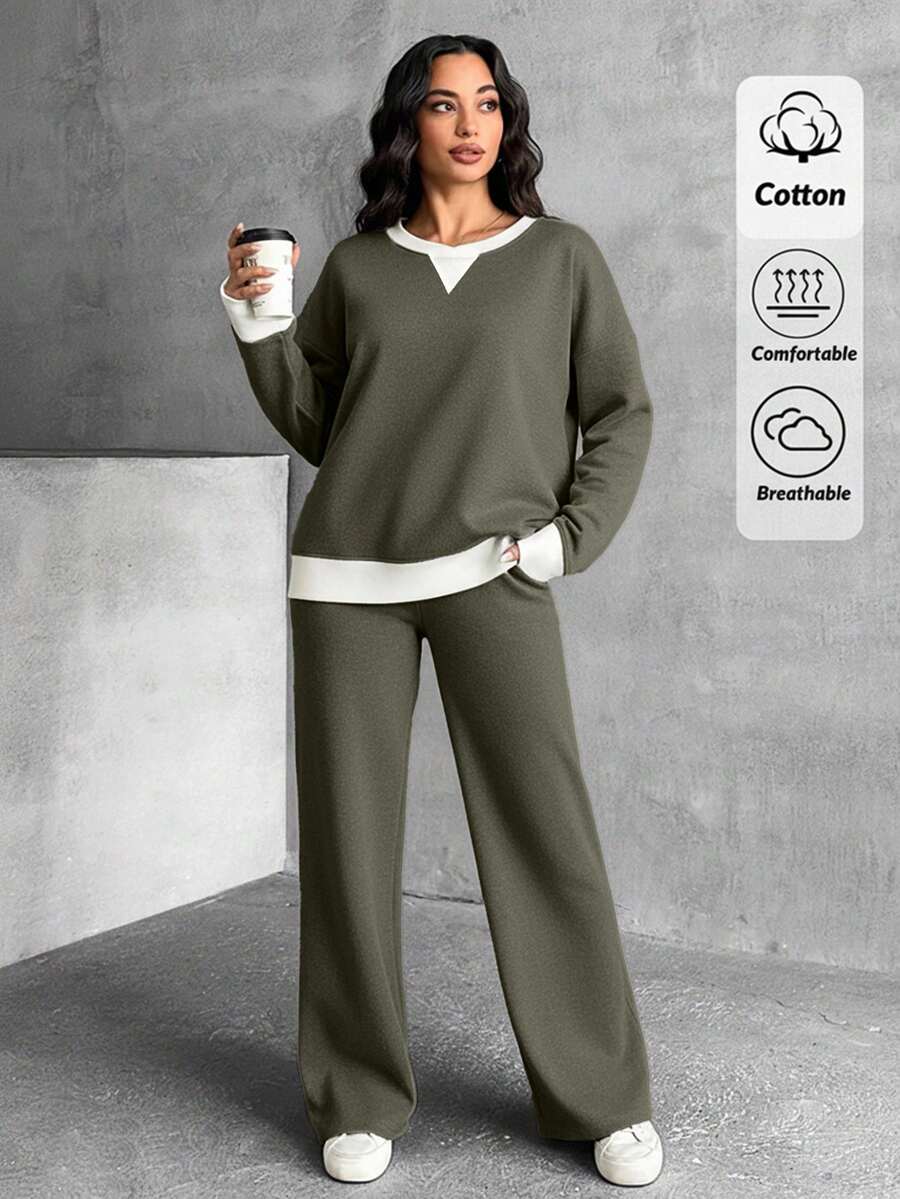 EURMUSE 2 Pcs, Blok Colar Sweatshirts & Pants - Army Green - View 1