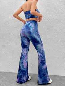 SHEIN EZwear 女士扎染抹胸上衣和喇叭裤两件套，春夏款 - 寶藍色 - 查看 2